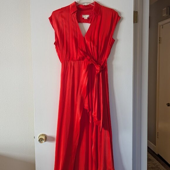 Maeve Dresses & Skirts - Maeve Anthropologie Orange/Poppy Faux Wrap High Low Dress Cap Sleeve M